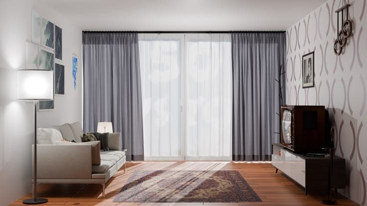 Blender-rendered living room interior with daylight, curtains, furniture, and controlled artificial lighting