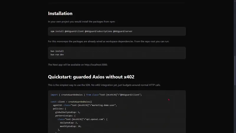 Animated 402Guard interface showing guarded payment requests, spend controls, audit logs, and subscription state