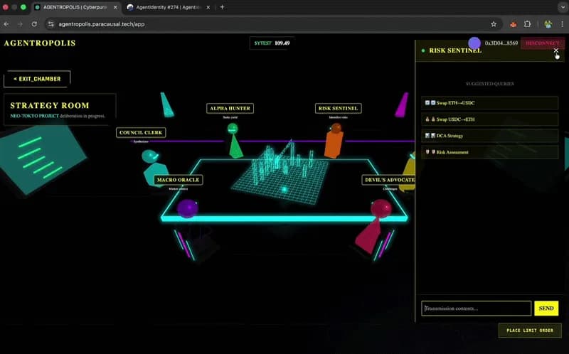 Animated Agentropolis strategy room showing multi-agent deliberation and constrained execution interfaces