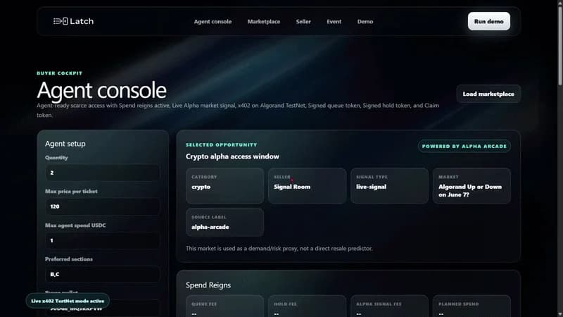 Animated Latch interface showing seller campaigns, buyer-agent decisions, paid queue state, and signed hold tokens
