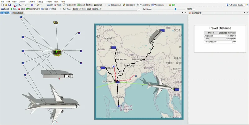 FlexSim multimodal logistics simulation showing truck and aircraft routes across a geographic transportation network