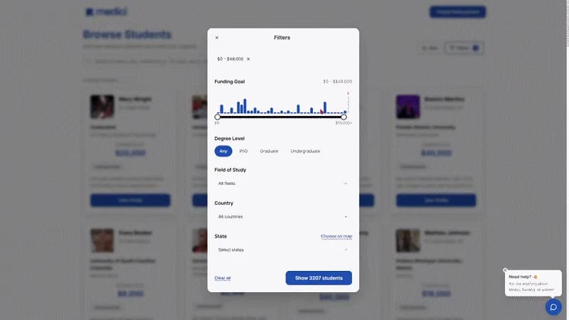 Animated medici.ac interface showing the student pool, profile filters, funding workflow, and cohort selection
