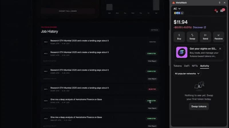 Animated Obscura interface showing agent jobs, encrypted deliverables, and accountable settlement state
