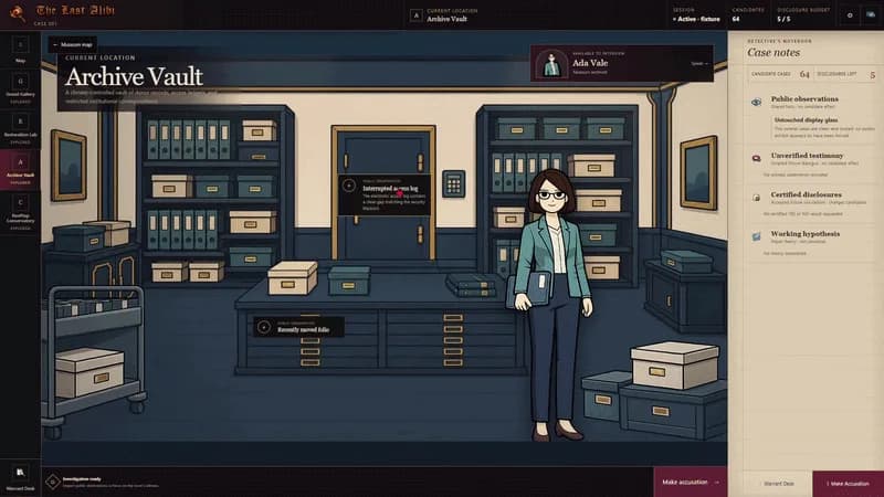 Animated gameplay from The Last Alibi showing the archive, warrant desk, and investigation state