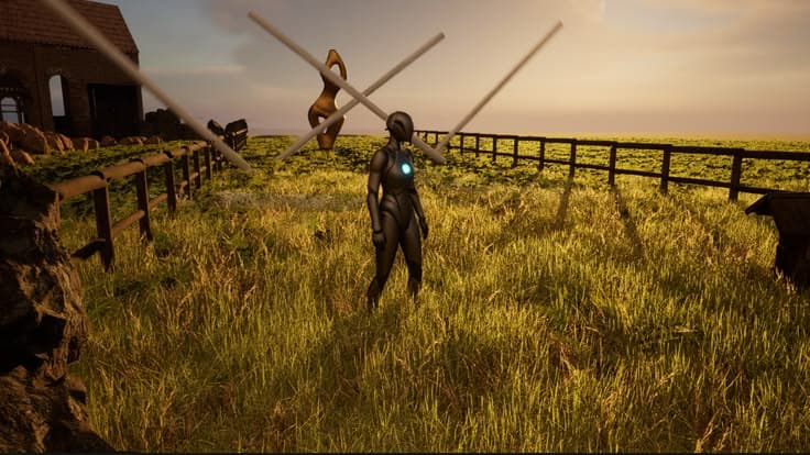 Gameplay view from an Unreal Engine 5 obstacle prototype in a sunlit grass environment
