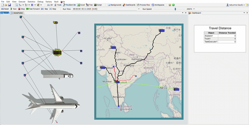FlexSim multimodal logistics simulation showing truck and aircraft routes across a geographic transportation network